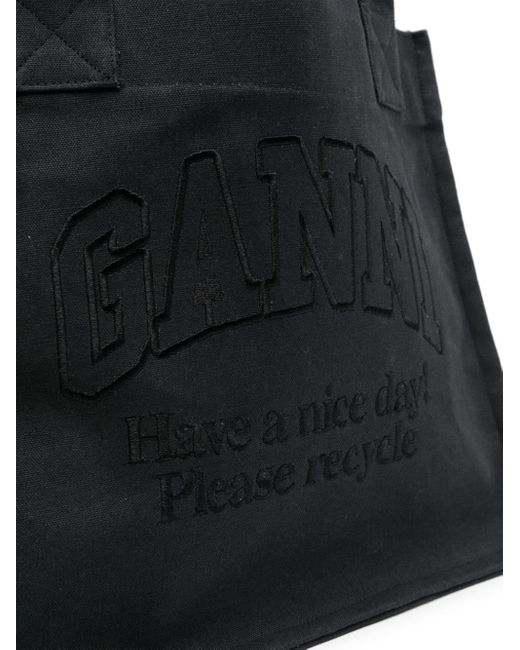 Ganni Black Logo-embroidered Canvas Shopper Bag