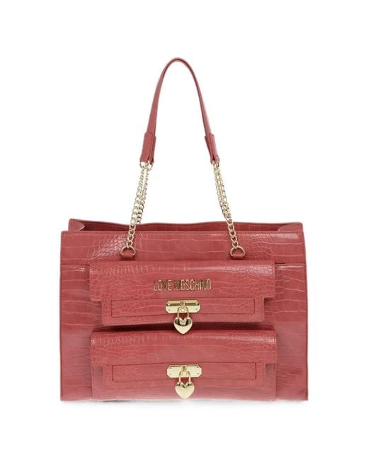 Moschino Red Crocodile-Effect Heart-Padlock Shoulder Bag