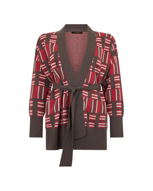 Moorer Red Geometric-Pattern Belted Cardigan