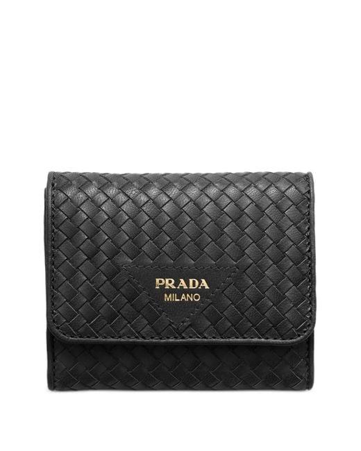 Prada Black Small Woven Madras Leather Wallet