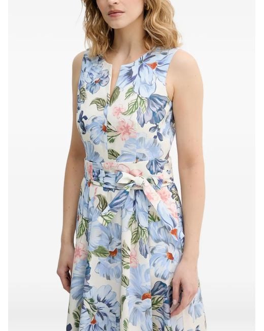 Ouí Blue Floral-Print Belted Midi Dress