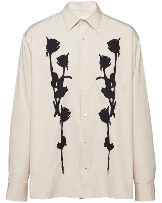 Prada Natural Cotton Floral-appliqué Shirt for men