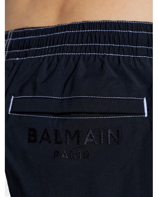 Balmain Blue Dark Nylon Swim Shorts With Lettering for men