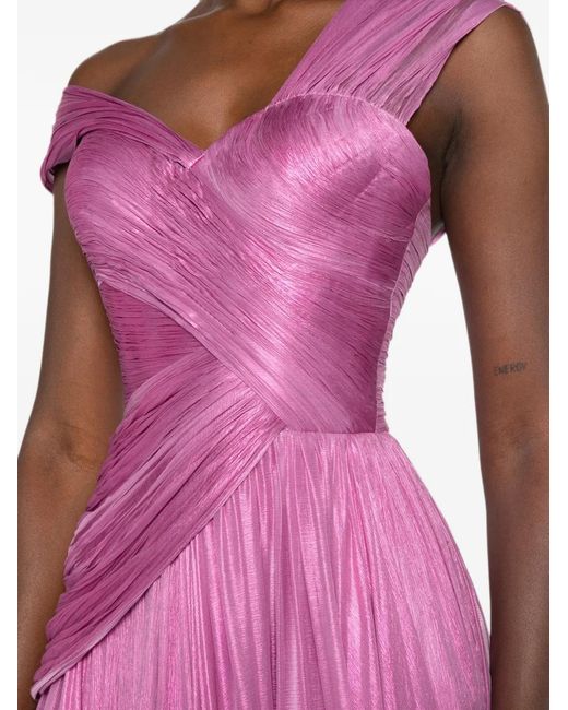 IRIS SERBAN Pink Feather-Trimmed Pleated Maxi Dress