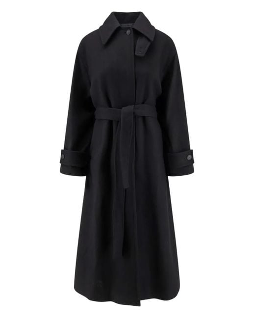 Hevò Black Pointed-Collar Belted Coat