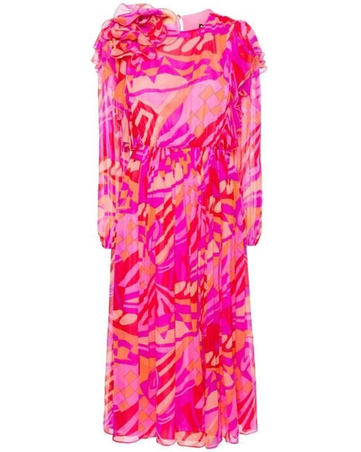 Robe mi-longue en soie à imprimé graphique Nissa en coloris Pink