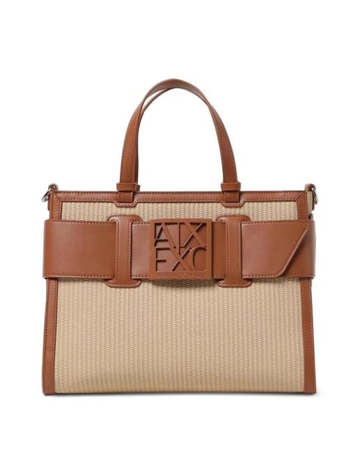 ARMANI EXCHANGE Brown Logo-Plaque Raffia-Effect Tote Bag