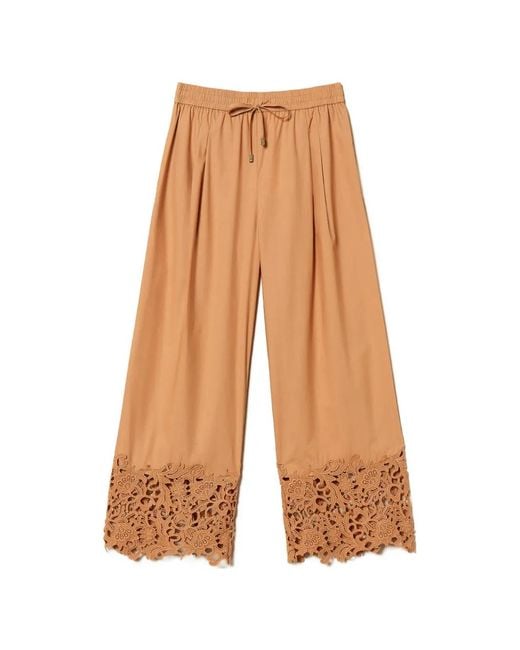 Twinset White Pantalon Ample En Popeline Avec Macramé