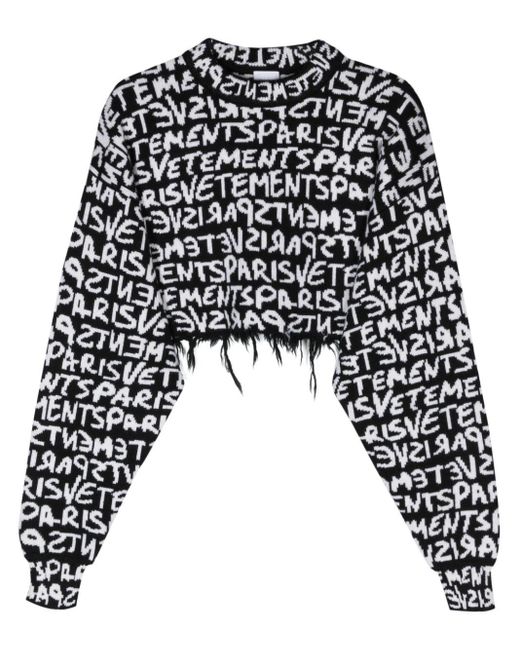 Vetements Black Logo-intarsia Knit Cropped Jumper