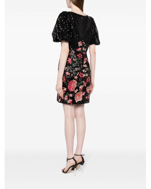 Marchesa Black Sequin-embellished Floral-appliqué Dress