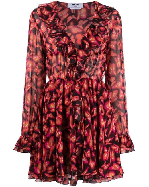 MSGM Red Ruffled Dress With Butterfly Pattern