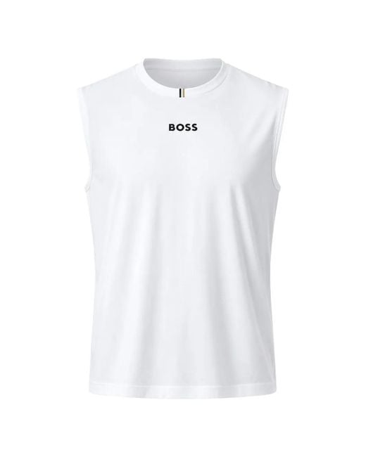 Boss White Logo-Print Stripe-Detail Vest for men