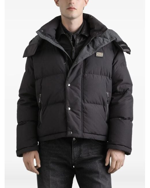 Dolce & Gabbana Black Plaque Hooded Down Jacket for men