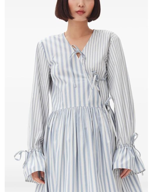 Ganni White Stripe-Print Cotton Mini Wrap Dress
