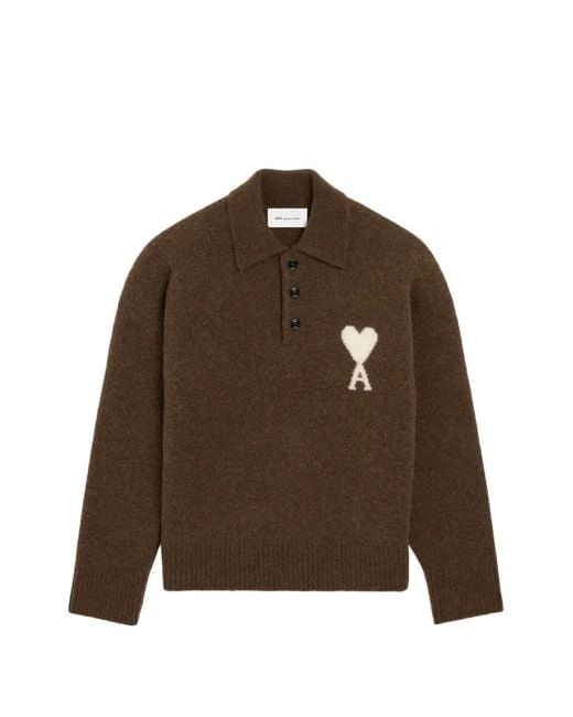 AMI Brown Alpaca Polo With Ami De Coeur