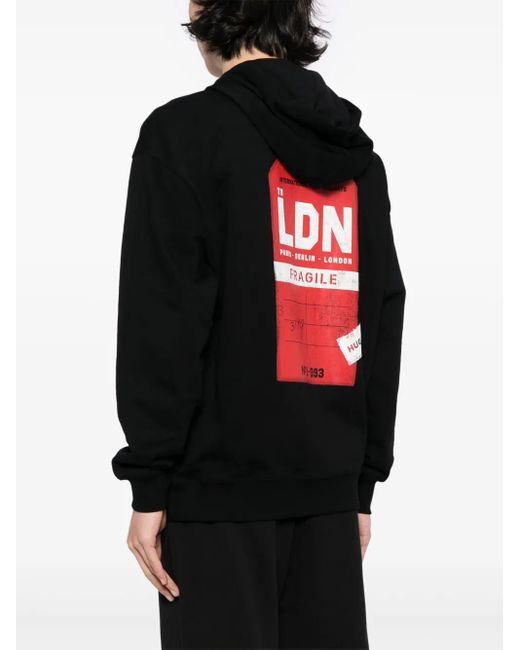 HUGO Black Graphic-Print Cotton Hoodie for men
