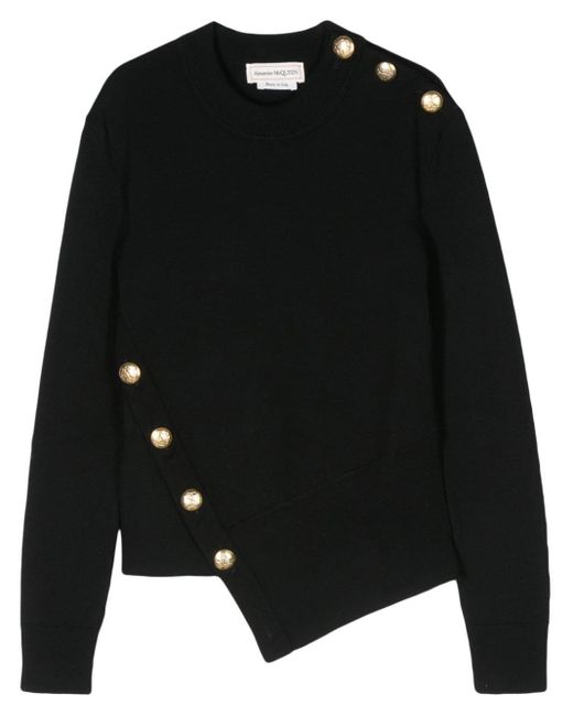 Alexander McQueen Black Asymmetric Wool Sweater With Gold Buttons