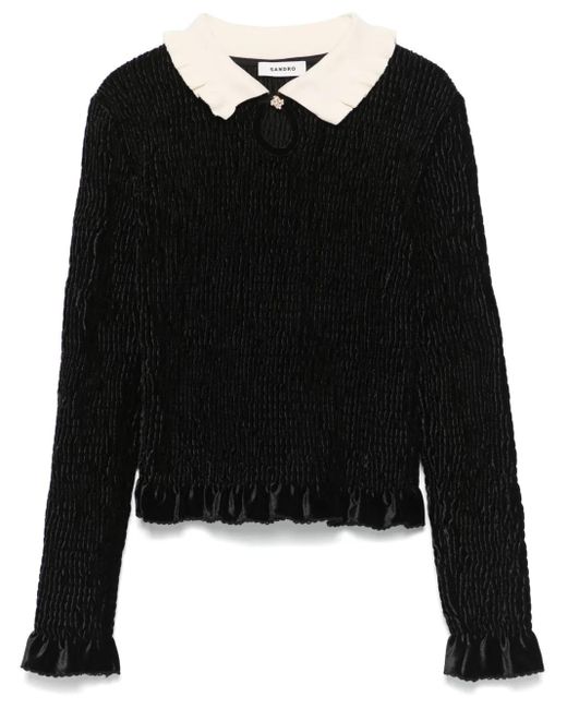 Sandro Black Velvet Smocked Top