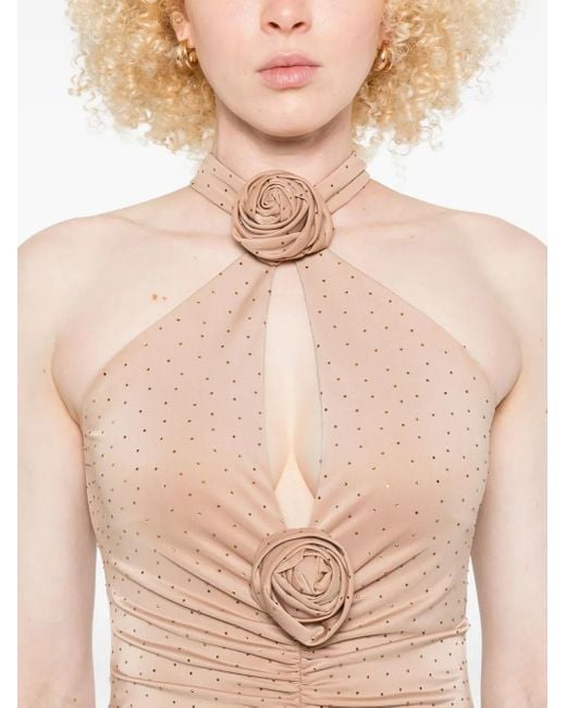 Nissa White Rose-Embellished Ruched Maxi Evening Dress