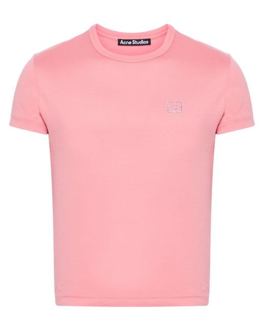 Acne Pink Rhinestone Face Logo Cotton T-shirt