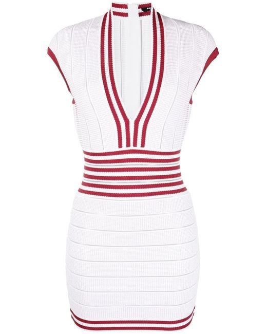 Balmain Red Ribbed-Knit Bodycon Dress