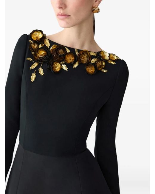 Robe Mi-Longue À Fleurs Brodées Carolina Herrera en coloris Black