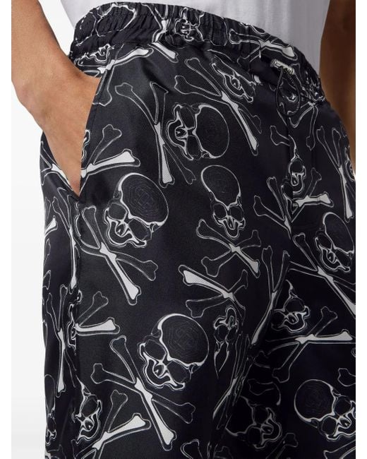 Philipp Plein Blue Skull-Print Silk Shorts for men