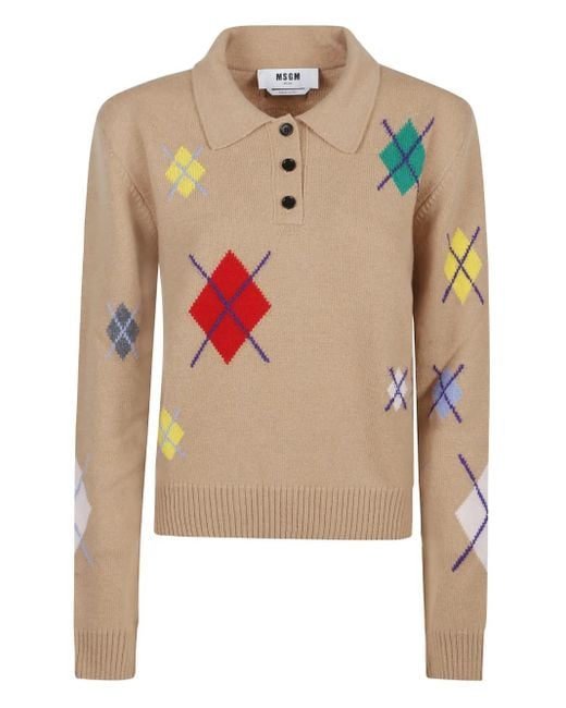 MSGM Pink Diamond-Pattern Polo Top