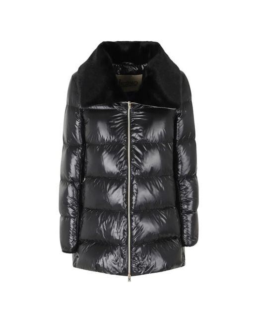 Herno Black Padded Faux-Fur-Trim Coat