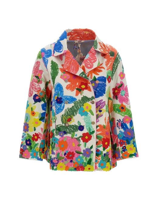 Péro White Bead-Embroidered Floral-Print Double-Breasted Coat