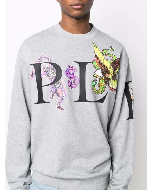 Philipp Plein Gray Graphic-Print Cotton Sweatshirt for men