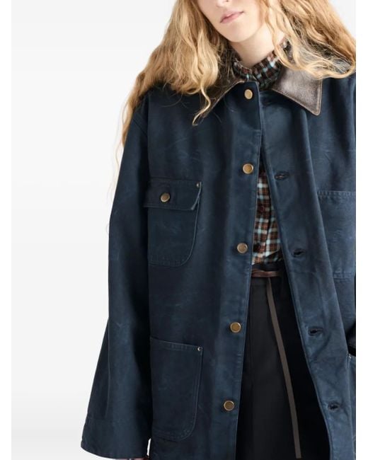 Veste En Coton À Col En Cuir Prada en coloris Blue