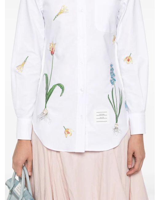 Thom Browne White Floral-Embroidery Cotton Shirt