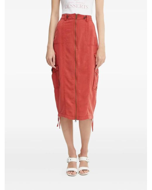 Guess Red Casey Zip-Front Cargo Midi Skirt