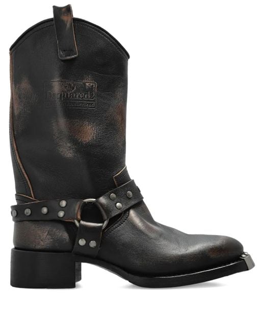 DSquared² Black Studded Leather Biker Boots for men