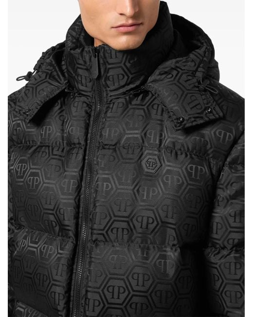 Philipp Plein Black Monogram-Jacquard Padded Jacket for men