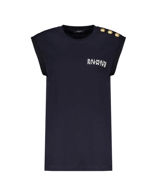 Balmain Blue Cotton Logo T-Shirt