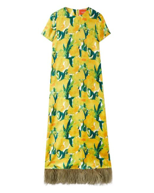 LaDoubleJ Yellow Swing Floral-Print Feather-Hem Maxi Dress