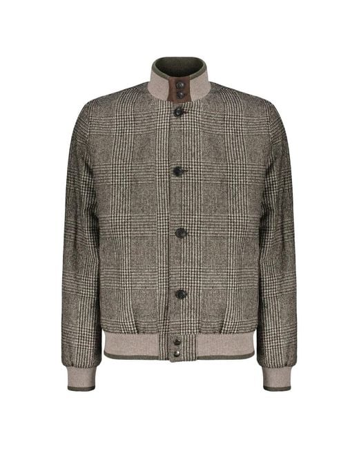 Fedeli Gray Knitted-Collar Check-Pattern Bomber Jacket for men