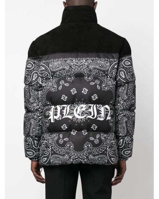 Philipp Plein Black Bandana-Print Padded Jacket for men