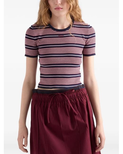 Prada Blue Short-Sleeved Striped Cotton Sweater