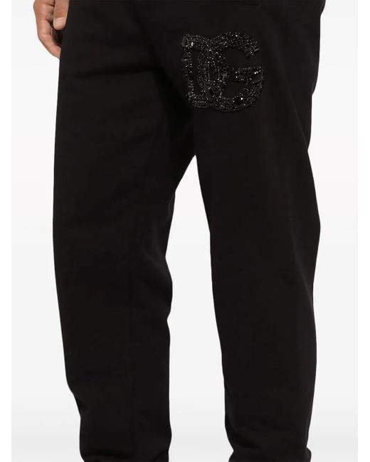 Dolce & Gabbana Black Crystal-Embellished Cotton Track Pants for men