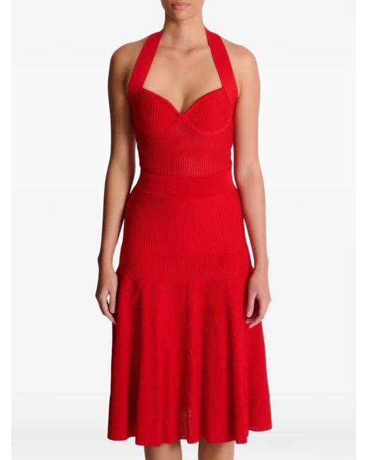Balmain Red Halterneck Pleated Knit Midi Dress