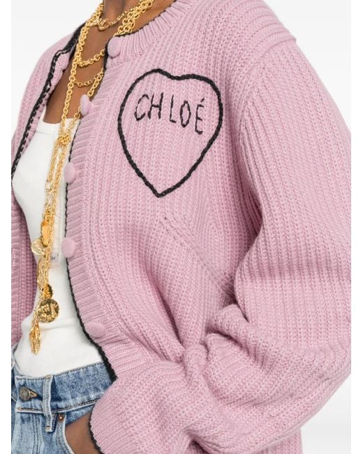 Chloé Pink Logo Rib Knit Cardigan
