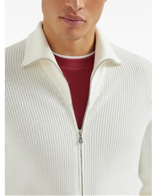 Brunello Cucinelli White Half English Rib Knit Cardigan for men