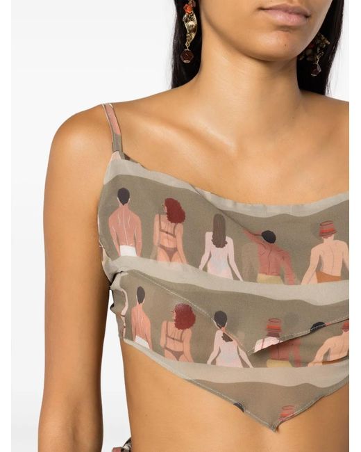 Amir Slama Natural Graphic-Print Silk Cropped Top