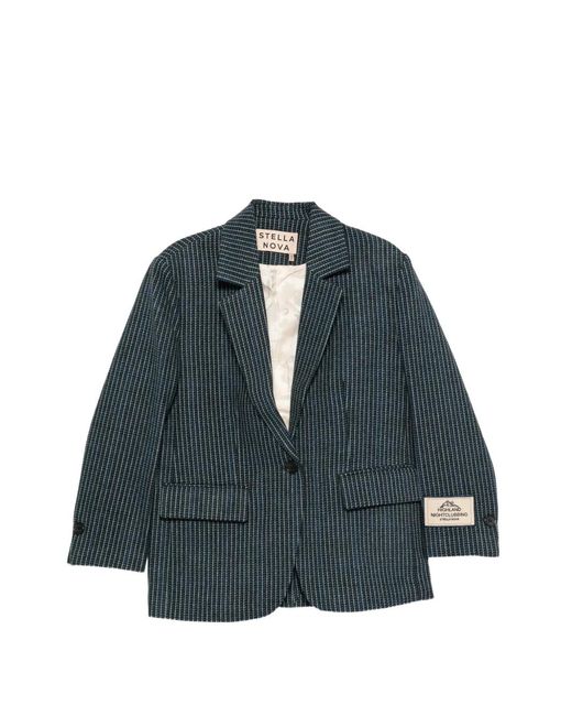 Stella Nova Blue Check-Pattern Logo-Patch Blazer