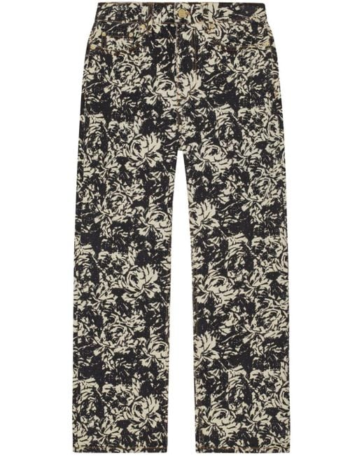 Ganni Gray Floral-print Flared Jeans