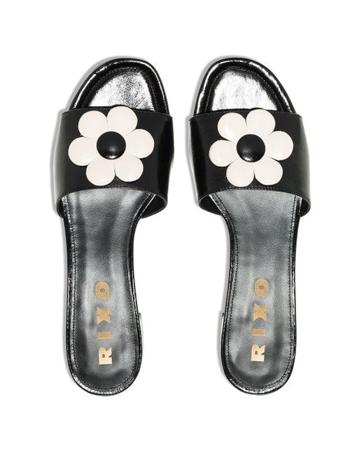 Rixo Black Palma Floral Appliqué Sandals