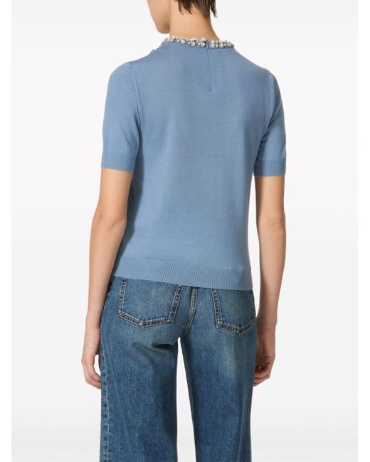Valentino Garavani Blue Crystal-embellished Fine-knit T-shirt